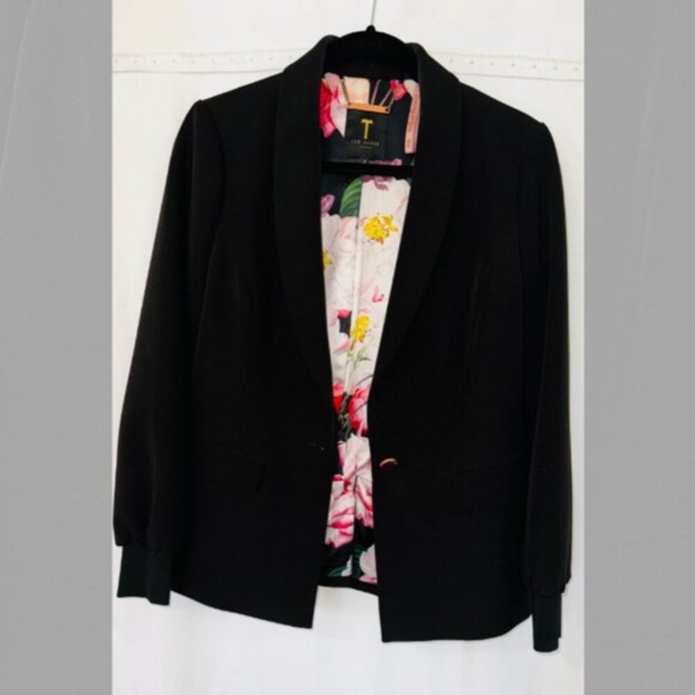 Ted Baker London Womens Size 2 Shawl Collar Jacket Blazer Floral Lined Black
